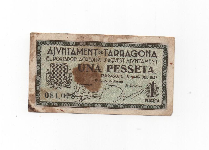 ESPAÑA BILLETE LOCAL REPUBLICANO DEL AÑO 1937 DE 1 PESETA. AYUNTAMIENTO DE TARRAGONA